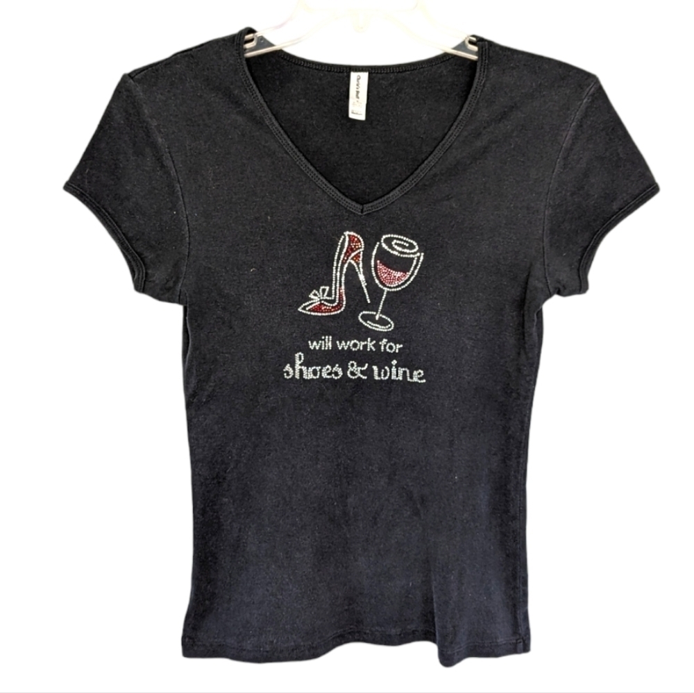 Chris's Stuff "Will Work For Shoes and Wine" woman's Tshirt Medium